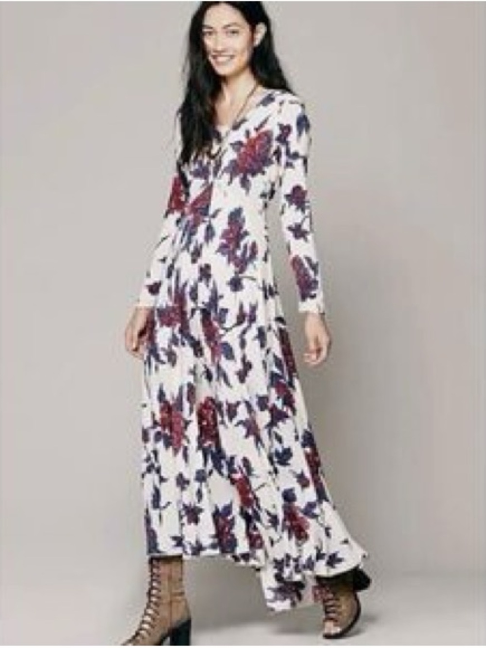 Free People First Kiss White Maxi Dress with Red & Blue Floral Print